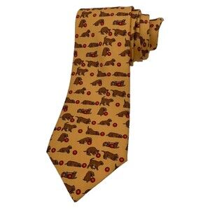 Hermès Men's Silk Necktie Yellow with Dog & Red Ball 3.5", Made in Paris, France